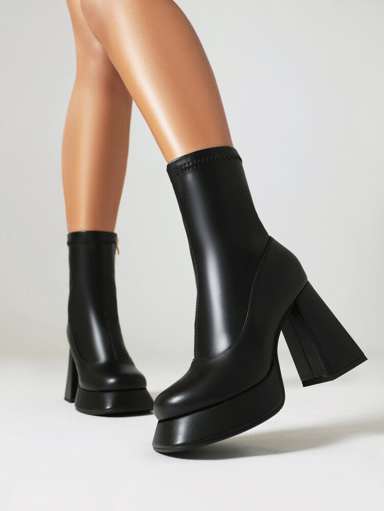 Booties Flowers Prints Block Chunky Heel Platform Ankle Boots for Women