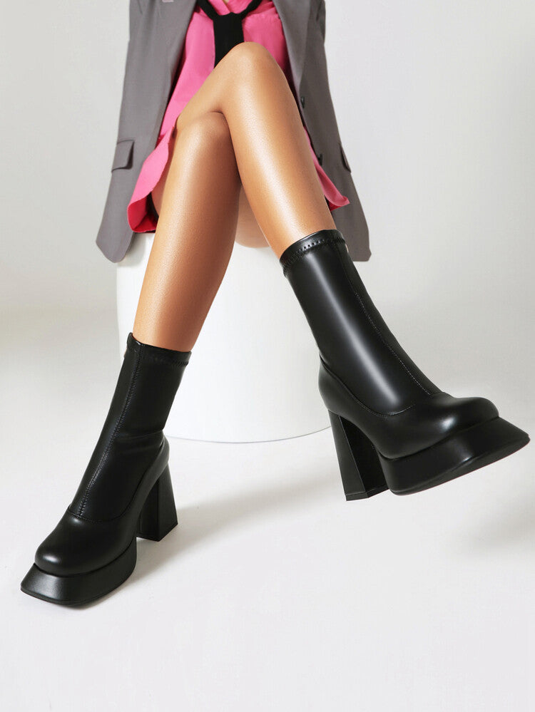 Booties Flowers Prints Block Chunky Heel Platform Ankle Boots for Women