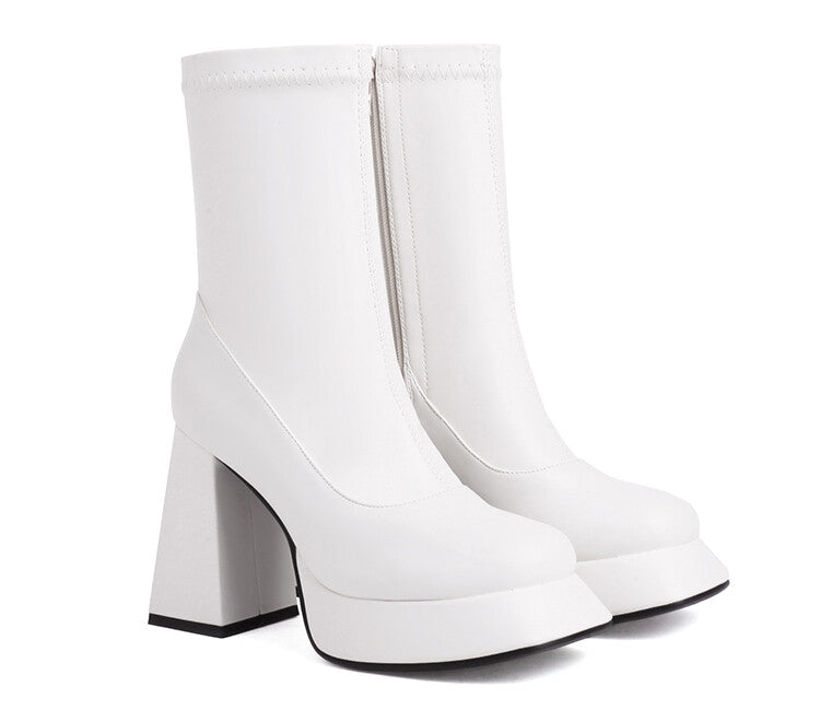 Booties Flowers Prints Block Chunky Heel Platform Ankle Boots for Women