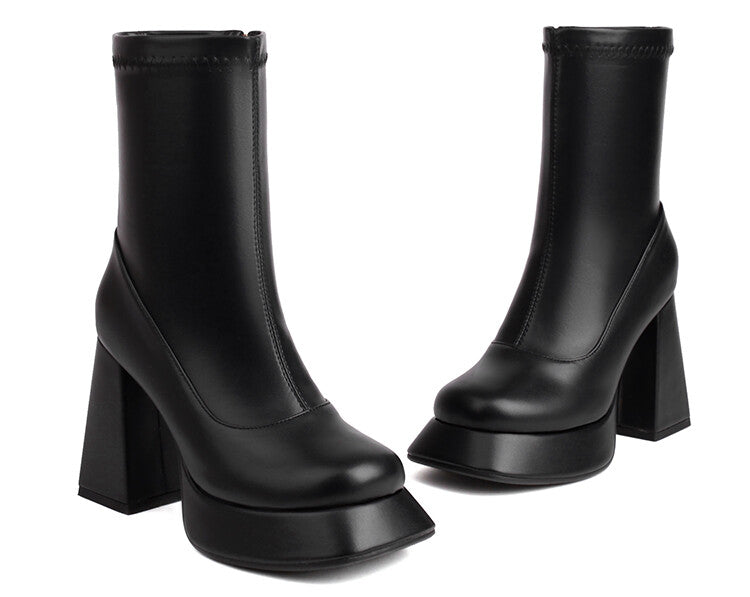 Booties Flowers Prints Block Chunky Heel Platform Ankle Boots for Women