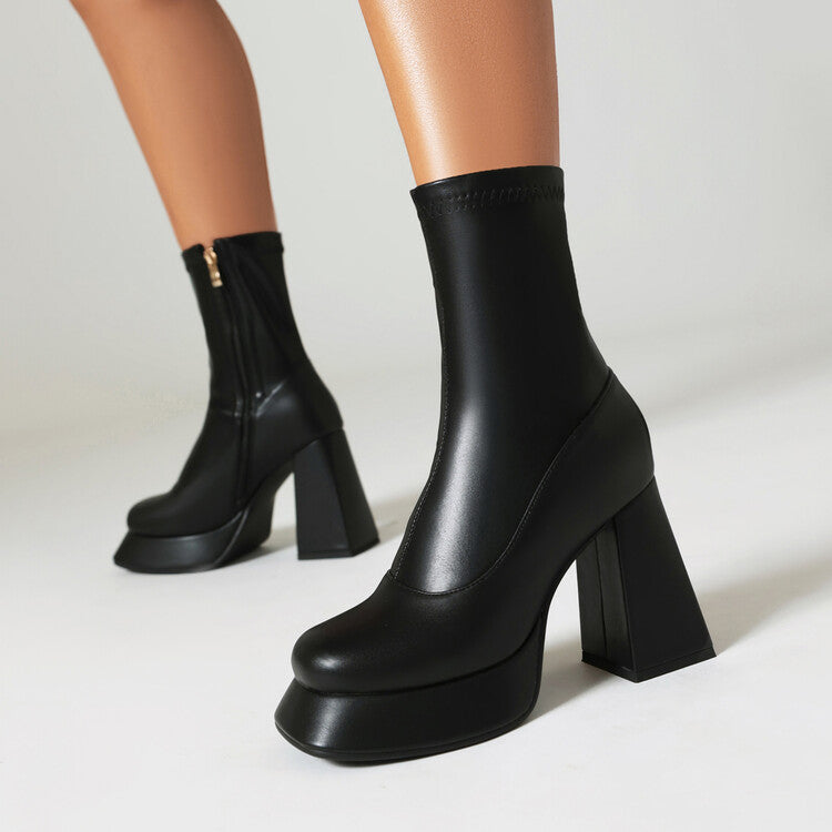 Booties Flowers Prints Block Chunky Heel Platform Ankle Boots for Women