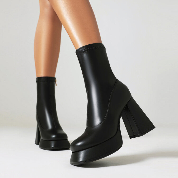 Booties Flowers Prints Block Chunky Heel Platform Ankle Boots for Women