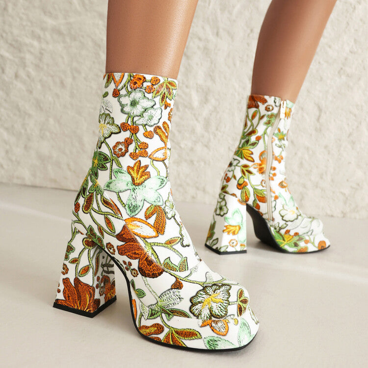 Booties Flowers Prints Block Chunky Heel Platform Ankle Boots for Women