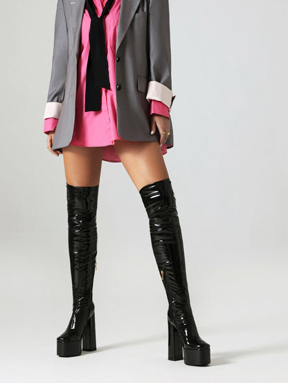 Glossy Side Zippers Square Toe Chunky Heel Platform Over-The-Knee Boots for Women