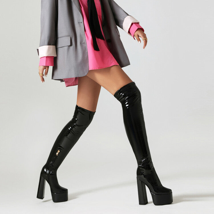 Glossy Side Zippers Square Toe Chunky Heel Platform Over-The-Knee Boots for Women