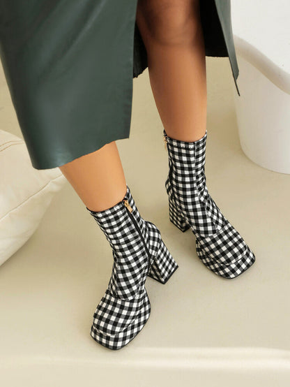 Booties Prints Zippers Chunky Heel Platform Short Boots for Women