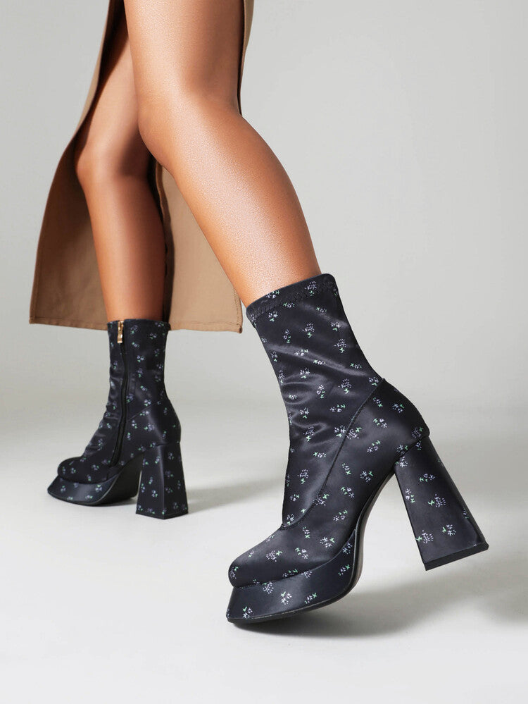 Booties Prints Zippers Chunky Heel Platform Short Boots for Women