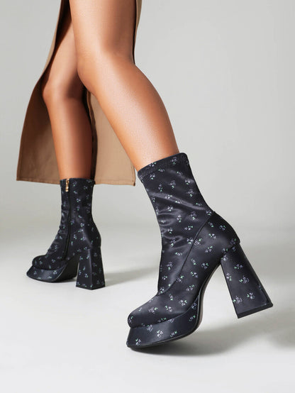 Booties Prints Zippers Chunky Heel Platform Short Boots for Women