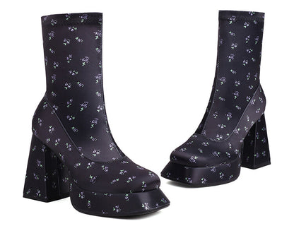 Booties Prints Zippers Chunky Heel Platform Short Boots for Women