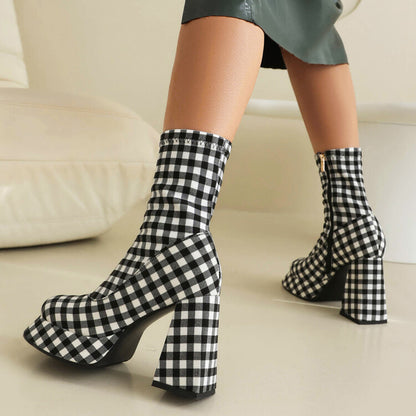 Booties Prints Zippers Chunky Heel Platform Short Boots for Women