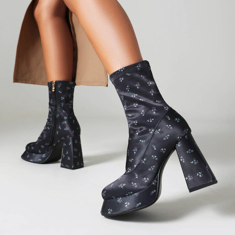 Booties Prints Zippers Chunky Heel Platform Short Boots for Women