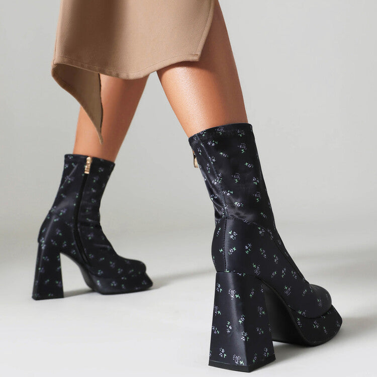 Booties Prints Zippers Chunky Heel Platform Short Boots for Women