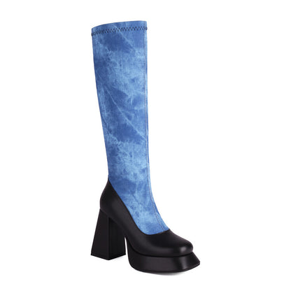 Western Cowboy Tie-Dye Zippers Round Toe Chunky Heel Platform Knee High Boots for Women