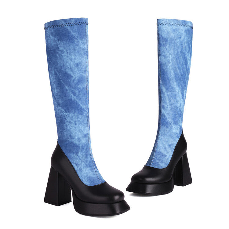 Western Cowboy Tie-Dye Zippers Round Toe Chunky Heel Platform Knee High Boots for Women