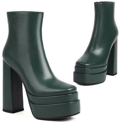 Booties Glossy Side Zippers Chunky Heel Platform Short Boots for Women