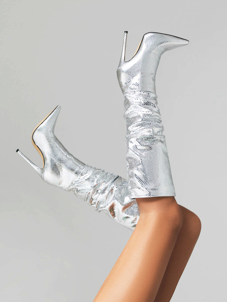 Glossy Pointed Toe Stiletto Heel Slouch Knee High Boots for Women