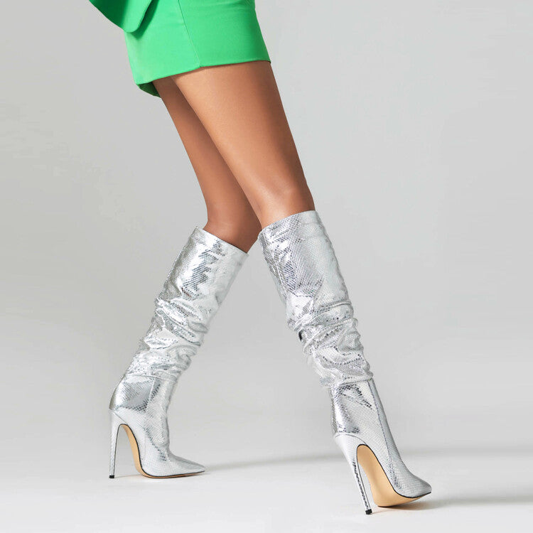 Glossy Pointed Toe Stiletto Heel Slouch Knee High Boots for Women