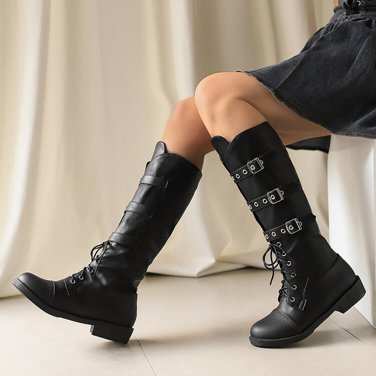 Women's Buckle Strap Round Toe Knee High Boots