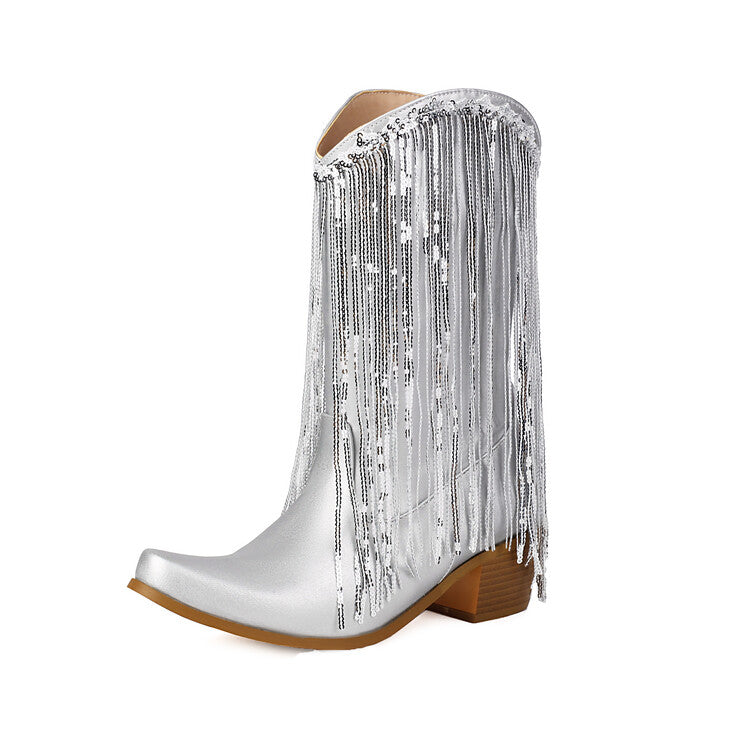 Women's Glossy Tassel Block Heel Mid Calf Boots