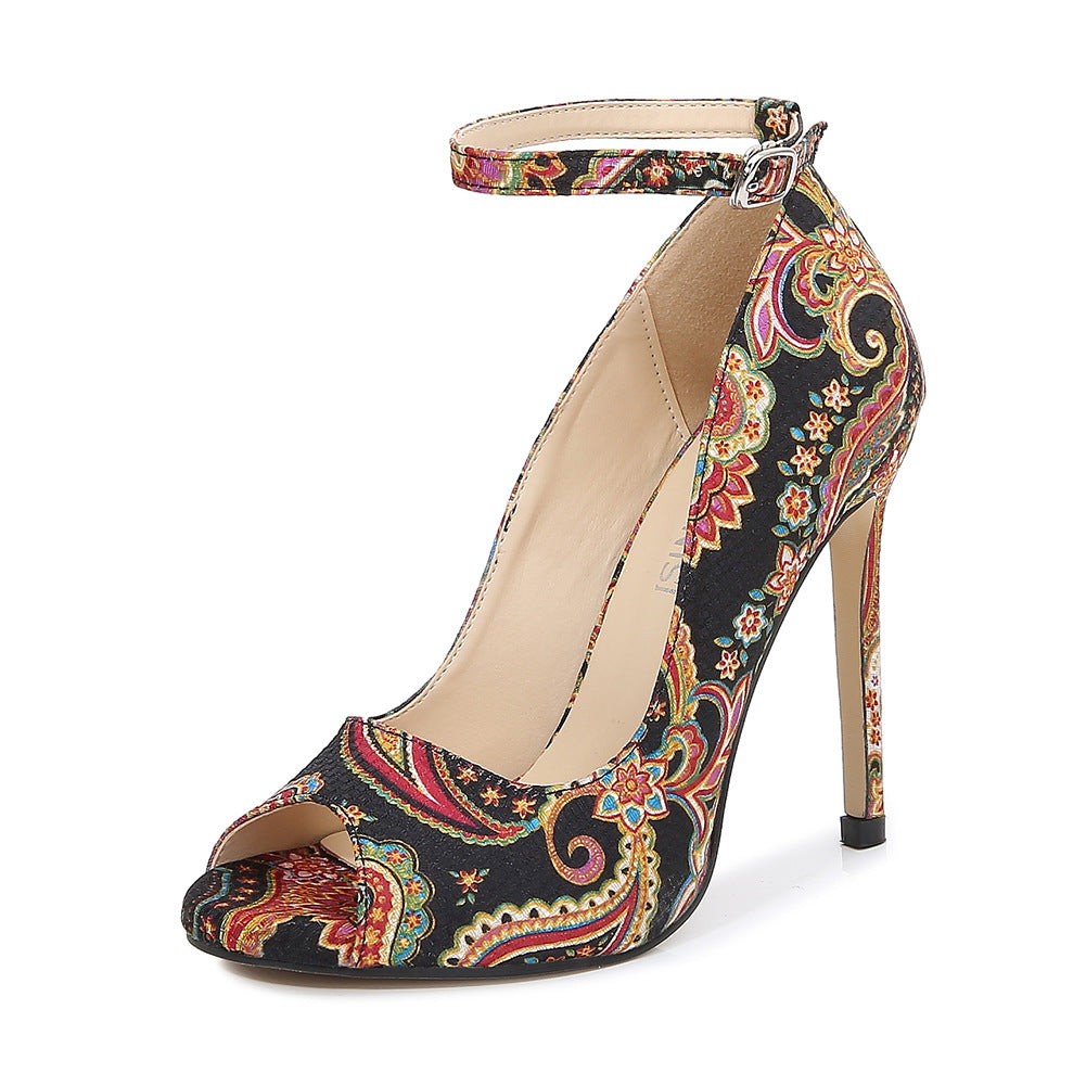 Ladies Peep Toe Embroidery Flora Shallow Stiletto Heel Pumps