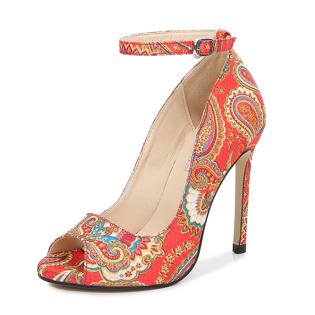 Ladies Peep Toe Embroidery Flora Shallow Stiletto Heel Pumps