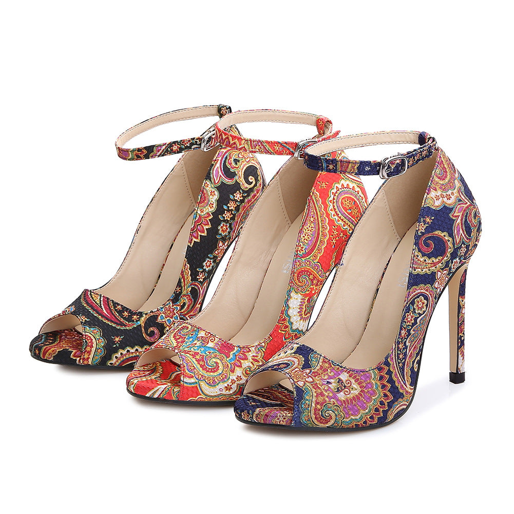 Ladies Peep Toe Embroidery Flora Shallow Stiletto Heel Pumps