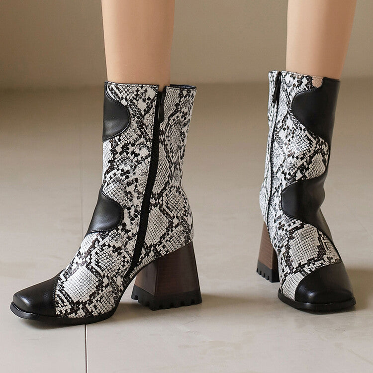 Women's Patchwork Square Toe Block Heel Ankle Boots