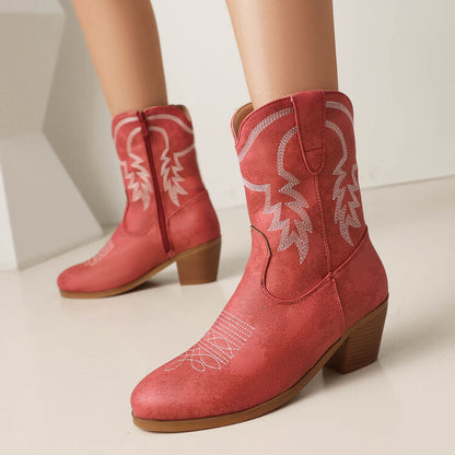 Women's Embroider Round Toe Block Heel Western Boots