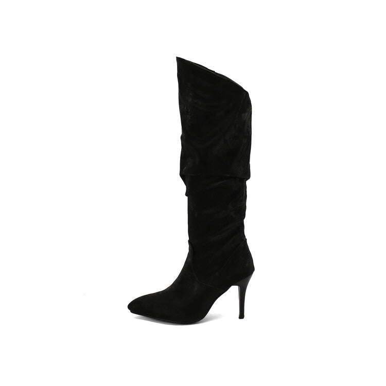 Women's Pleated Pointed Toe Thin Heel Knee High Boots
