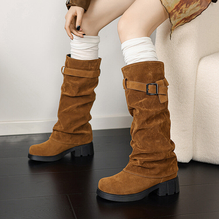 Women's Pleated Buckle Strap Low Heel Platform Mid Calf Boots