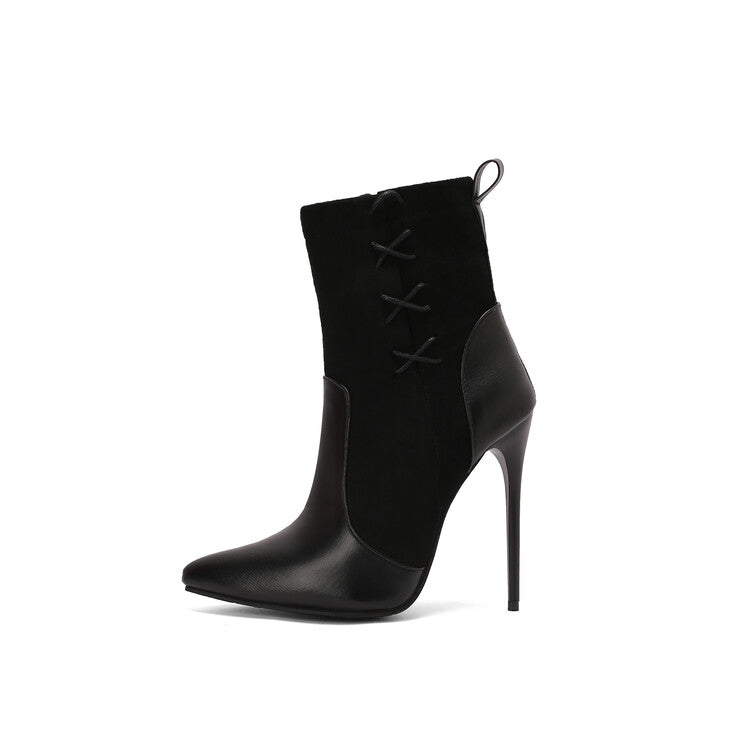 Women's Patchwork Pointed Toe Thin Heel Short Boots