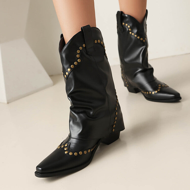 Women's Rivets Pointed Toe Block Heel Mid Calf Western Boots