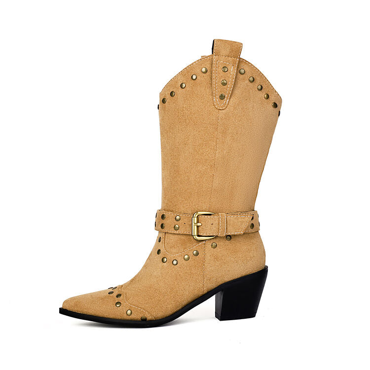 Women's Rivets Pointed Toe Square Heel Mid Calf Western Boots