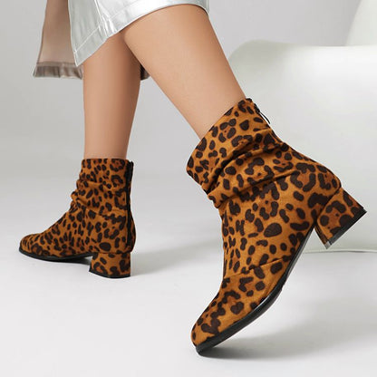 Women'S Leopard Print Round Toe Block Heel Ankle Boots