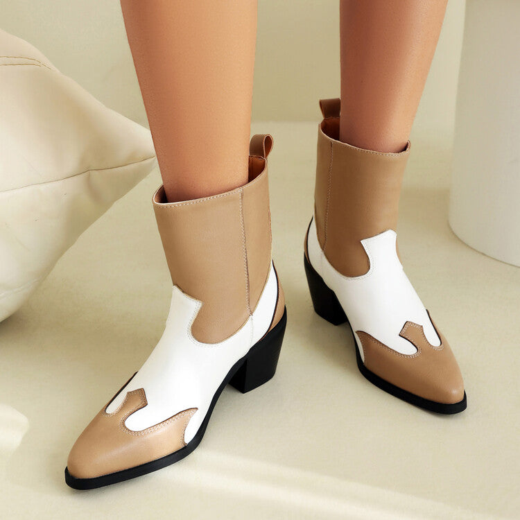 Women's Patchwork Pointed Toe Block Heel Western Boots