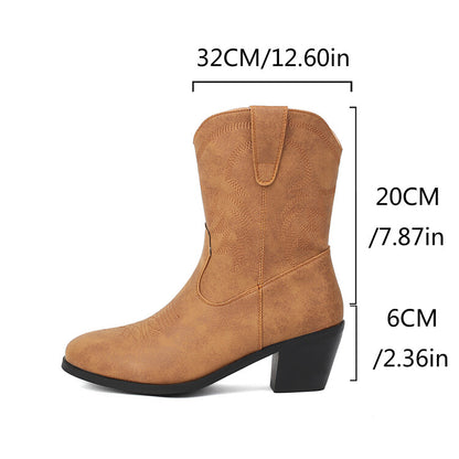 Women's Embroider Round Toe Block Heel Western Boots