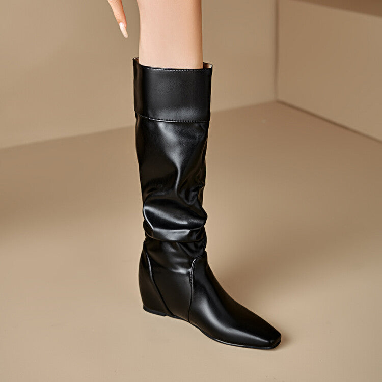 Women's Pleated Square Toe Increased Internal Wedge Heel Knee High Boots