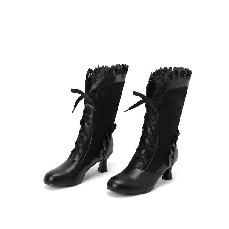 Women's Lace Lace-Up Round Toe Hoof Heel Mid Calf Boots