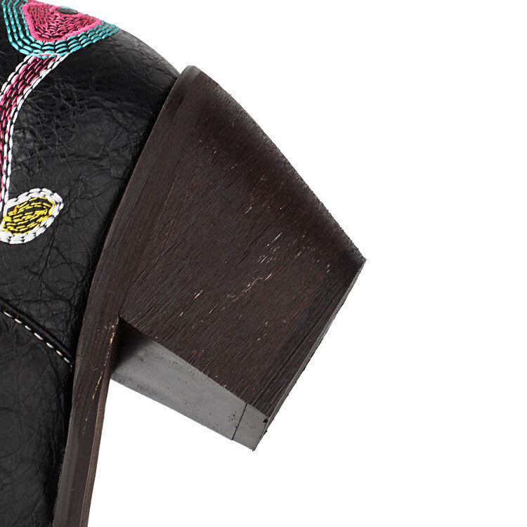 Women's Embroider Pointed Toe Block Heel Mid Calf Western Boots