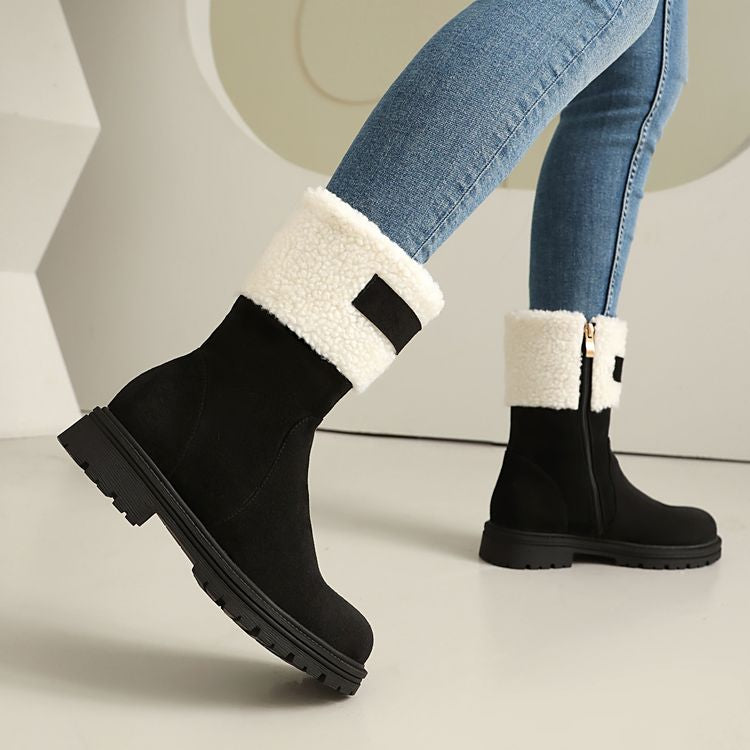 Women's Patchwork Plush Flat Mid Calf Snow Boots