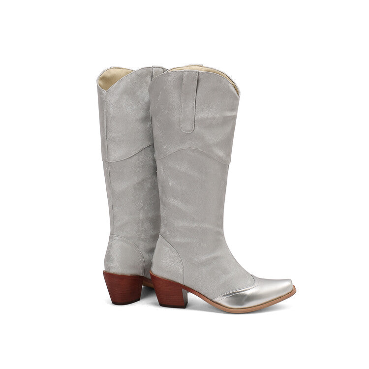 Women's Patchwork Pointed Toe Block Heel Knee High Western Boots