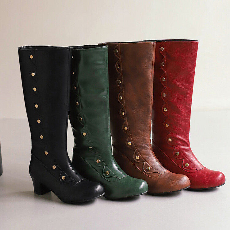 Women's Ruffles Rivets Round Toe Block Heel Knee High Boots