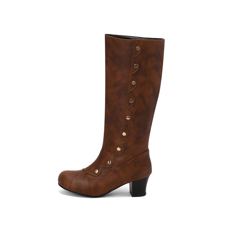 Women's Ruffles Rivets Round Toe Block Heel Knee High Boots