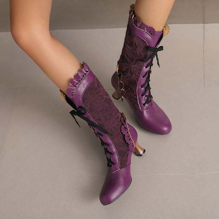 Women's Lace Lace-Up Round Toe Hoof Heel Mid Calf Boots