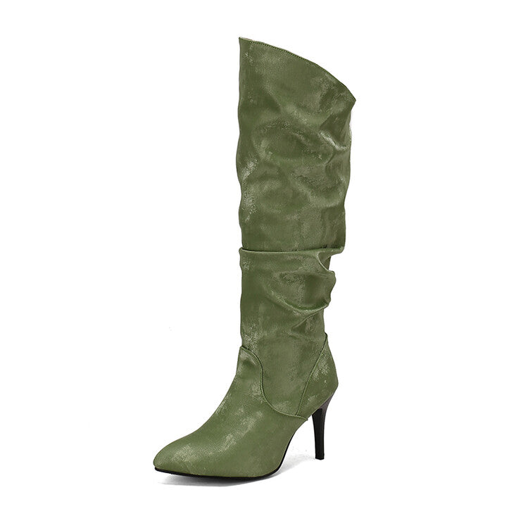 Women's Pleated Pointed Toe Thin Heel Knee High Boots