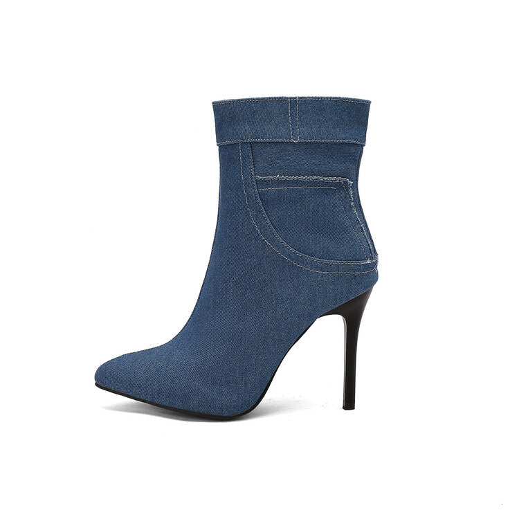 Women's Patchwork Pointed Toe Thin Heel Short Boots