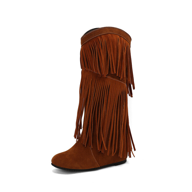 Women's Tassel Round Toe Wedge Heel Mid Calf Boots