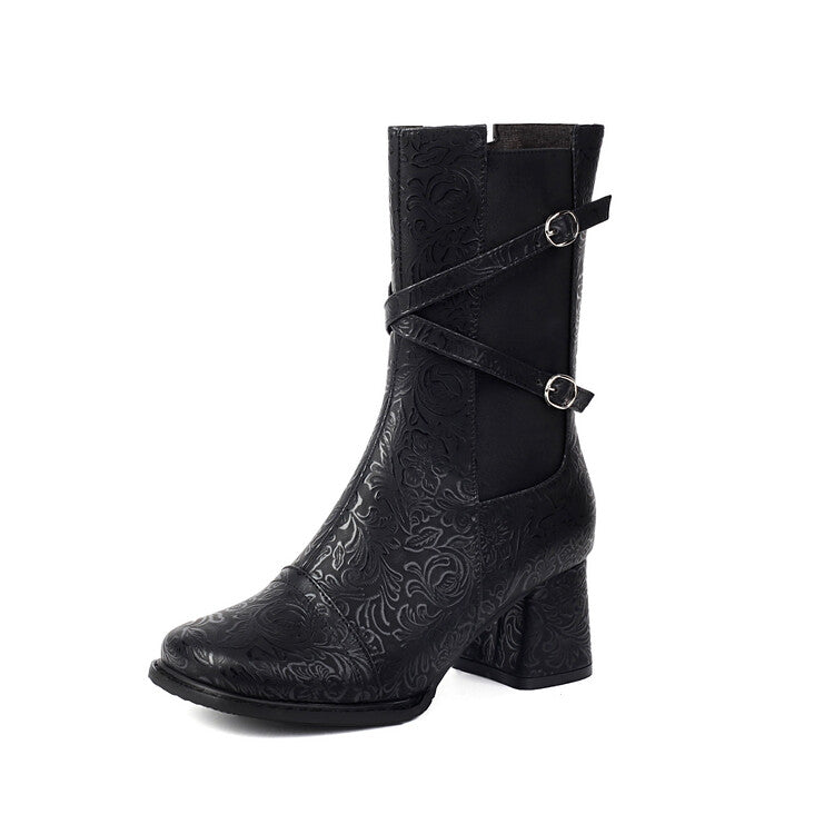 Women's Patchwork Buckle Strap Round Toe Block Heel Mid Calf Boots