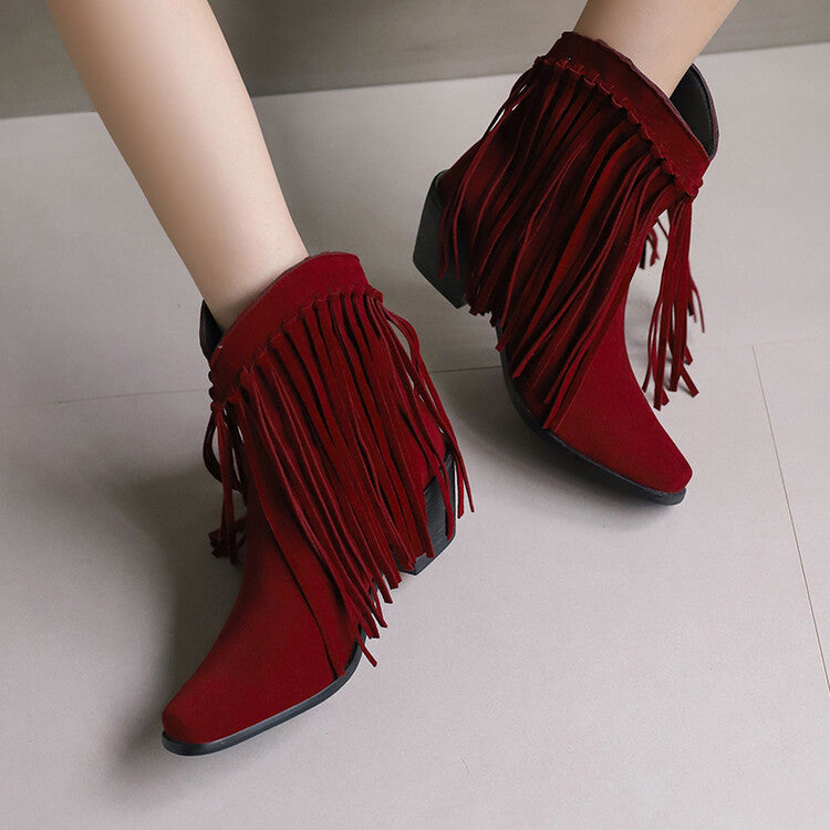 Women's Tassel Pointed Toe Block Heel Short Boots