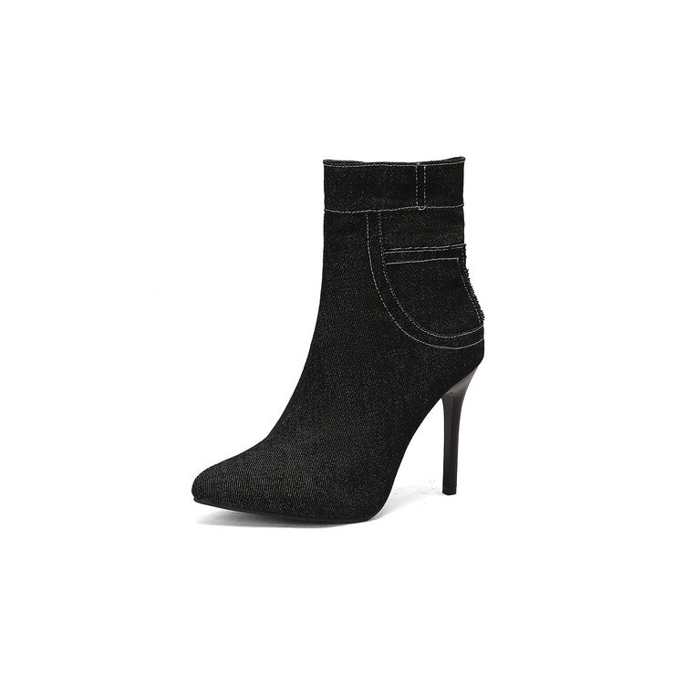 Women's Patchwork Pointed Toe Thin Heel Short Boots